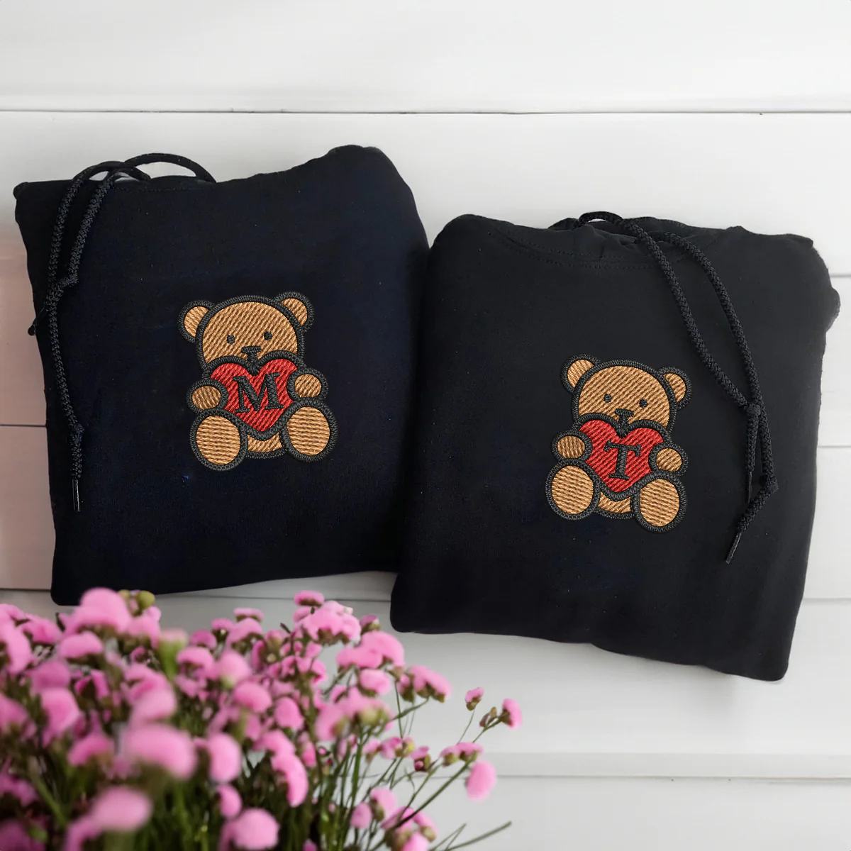 Custom Embroidered Teddy Bear Heart Matching Hoodies for Couples - Image 3