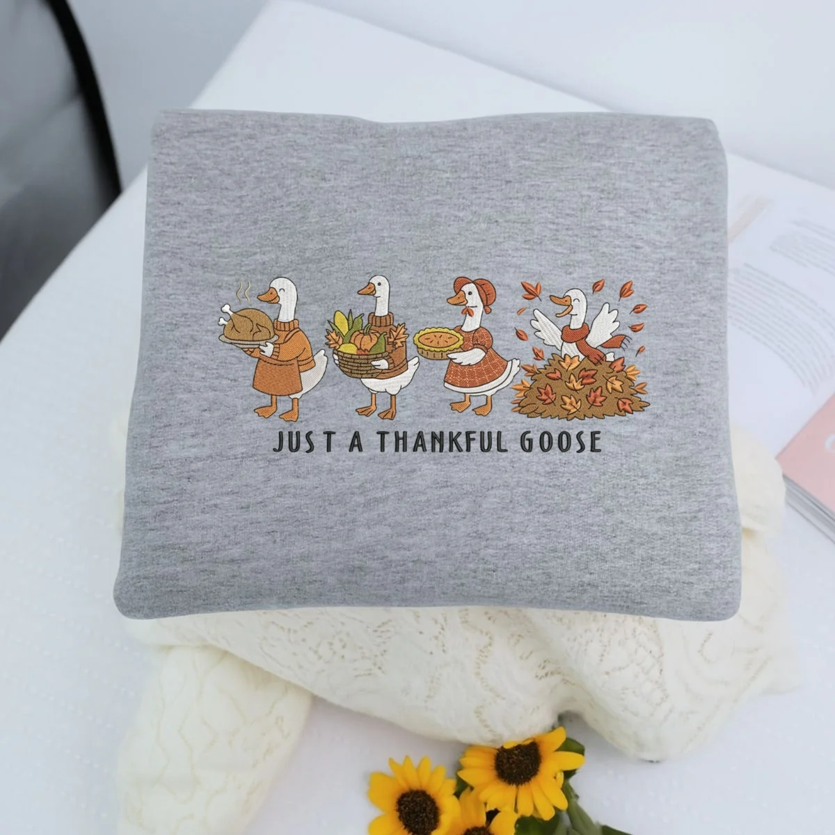 Custom Embroidered Thankful Goose Hoodie | Funny Thanksgiving Sweatshirt – Cozy Fall Turkey Day Gift - Image 5