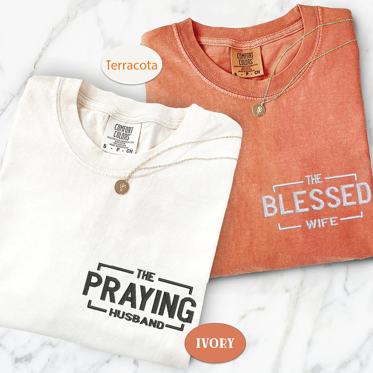Custom Embroidered The Praying Husband Match Matching T-shirts for Couples - Image 3