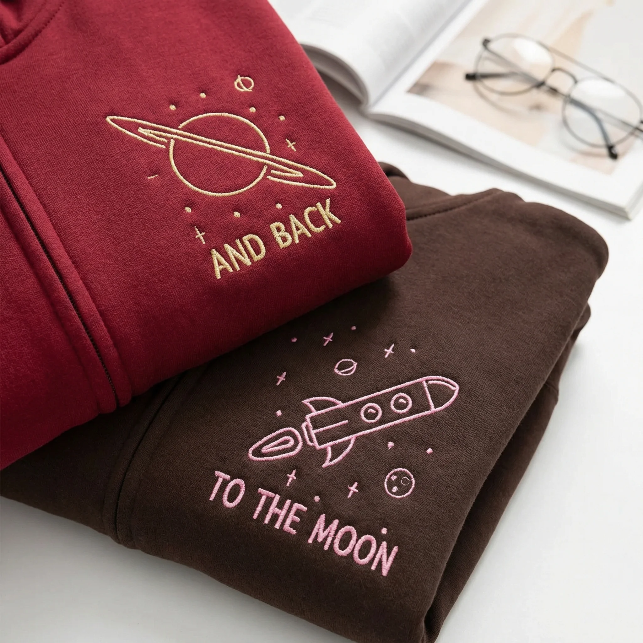 Custom Embroidered To The Moon and Back Matching Quarter Zip Sweatshirts & Full-Zip Hoodie for Couples