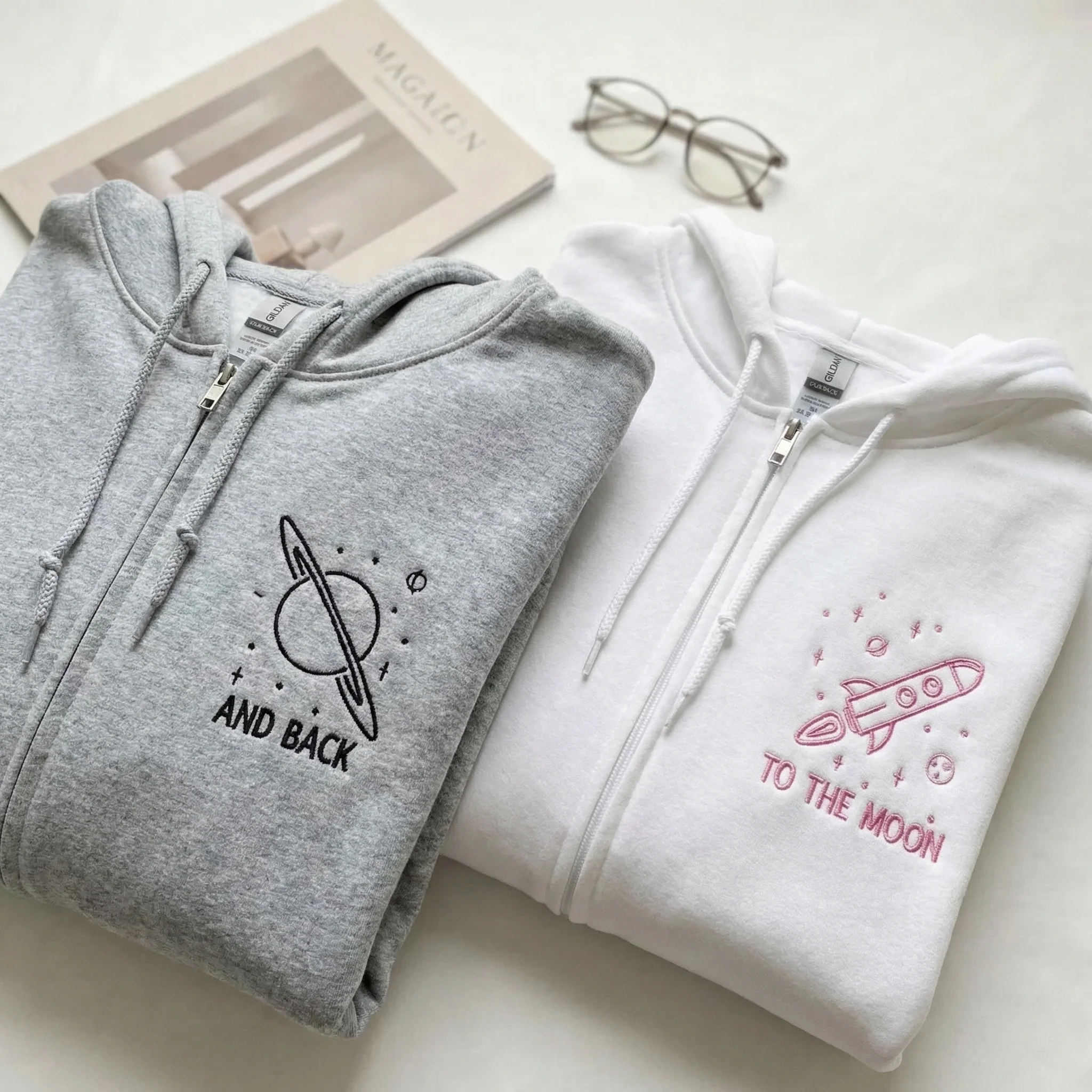 Custom Embroidered To The Moon and Back Matching Quarter Zip Sweatshirts & Full-Zip Hoodie for Couples - Image 2