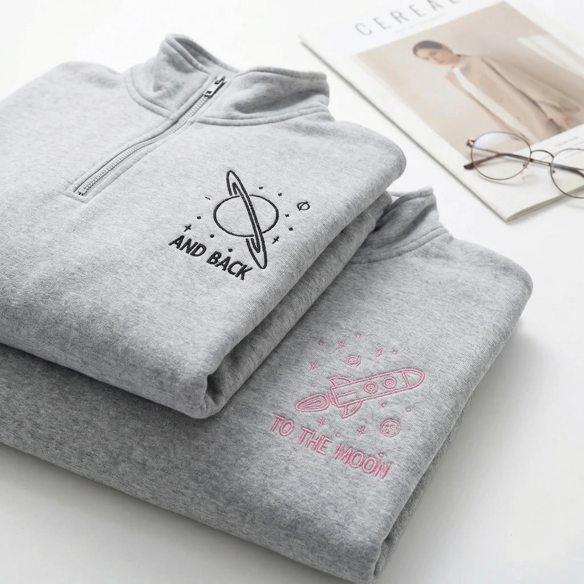 Custom Embroidered To The Moon and Back Matching Quarter Zip Sweatshirts & Full-Zip Hoodie for Couples - Image 6