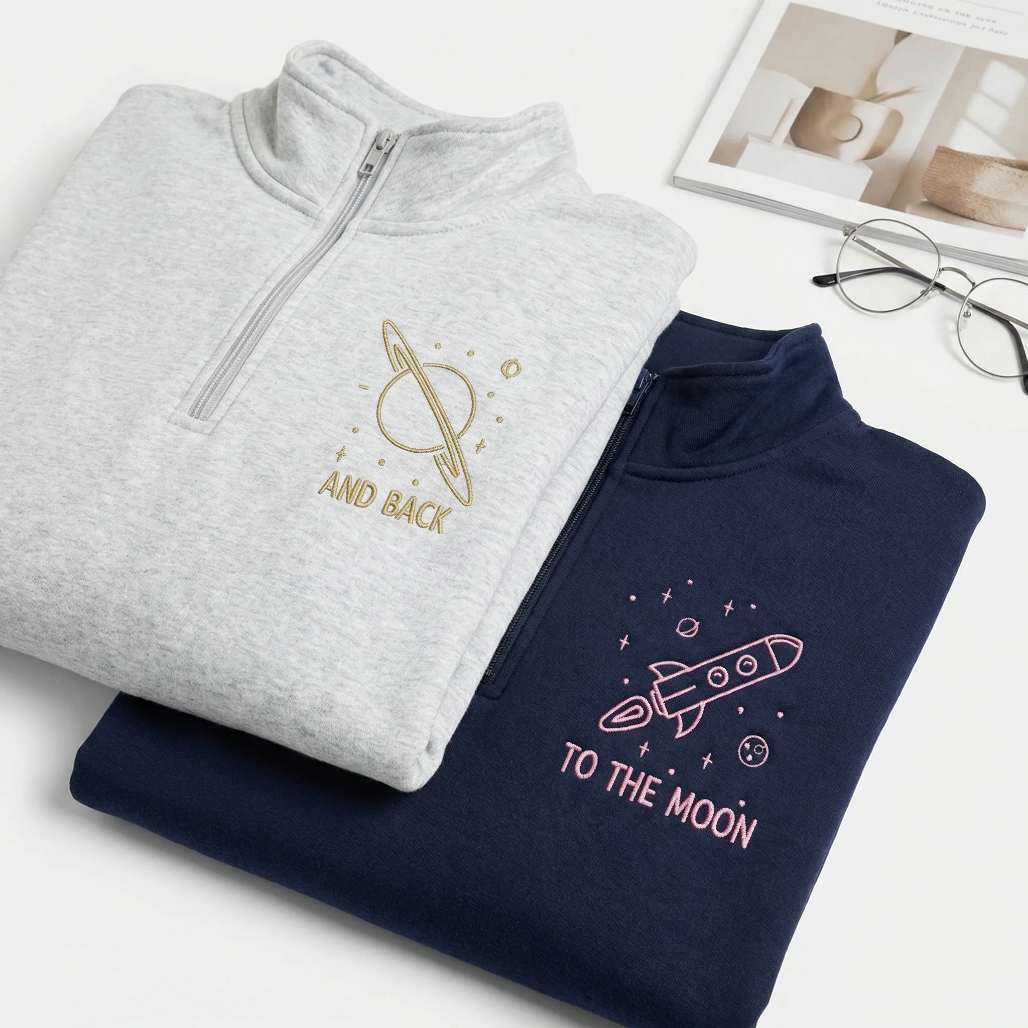 Custom Embroidered To The Moon and Back Matching Quarter Zip Sweatshirts & Full-Zip Hoodie for Couples - Image 7