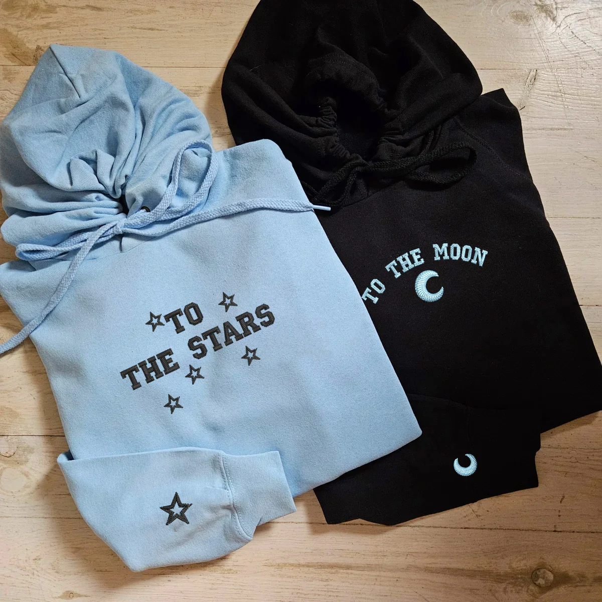 Custom Embroidered To The Moon & Stars Matching Hoodies for Couples - Image 2