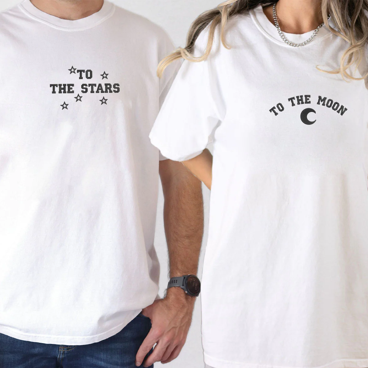Custom Embroidered To The Moon & Stars Matching T-shirts for Couples - Image 6