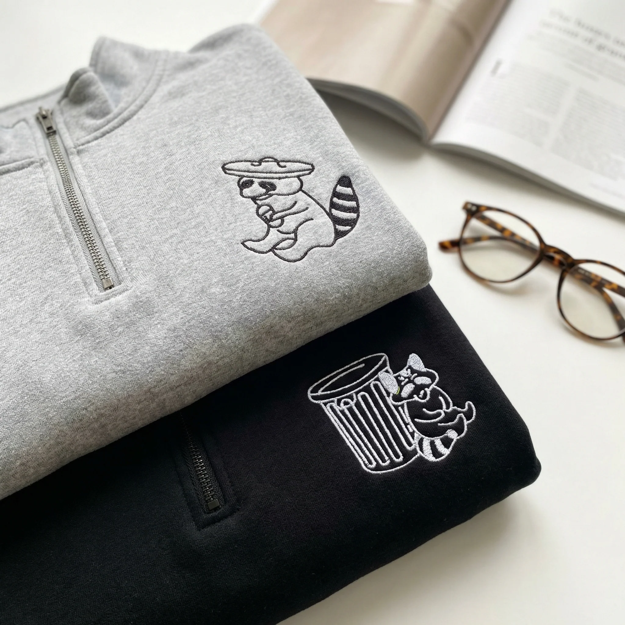 Custom Embroidered Trash Pandas Matching Quarter Zip Sweatshirts & Full-Zip Hoodie for Couples