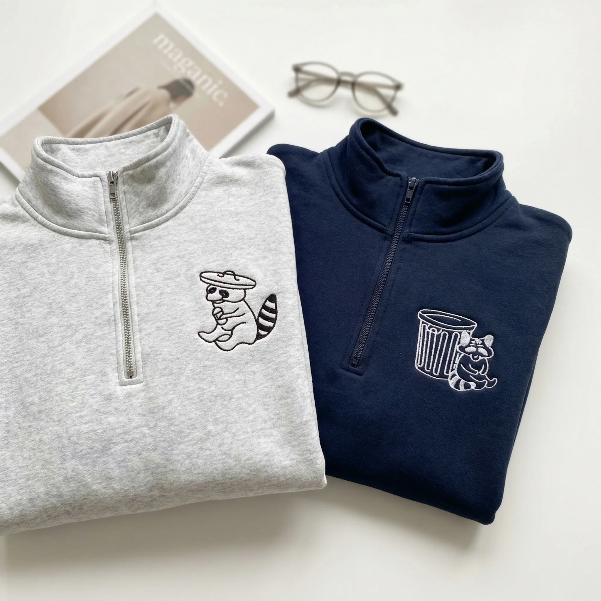Custom Embroidered Trash Pandas Matching Quarter Zip Sweatshirts & Full-Zip Hoodie for Couples - Image 4