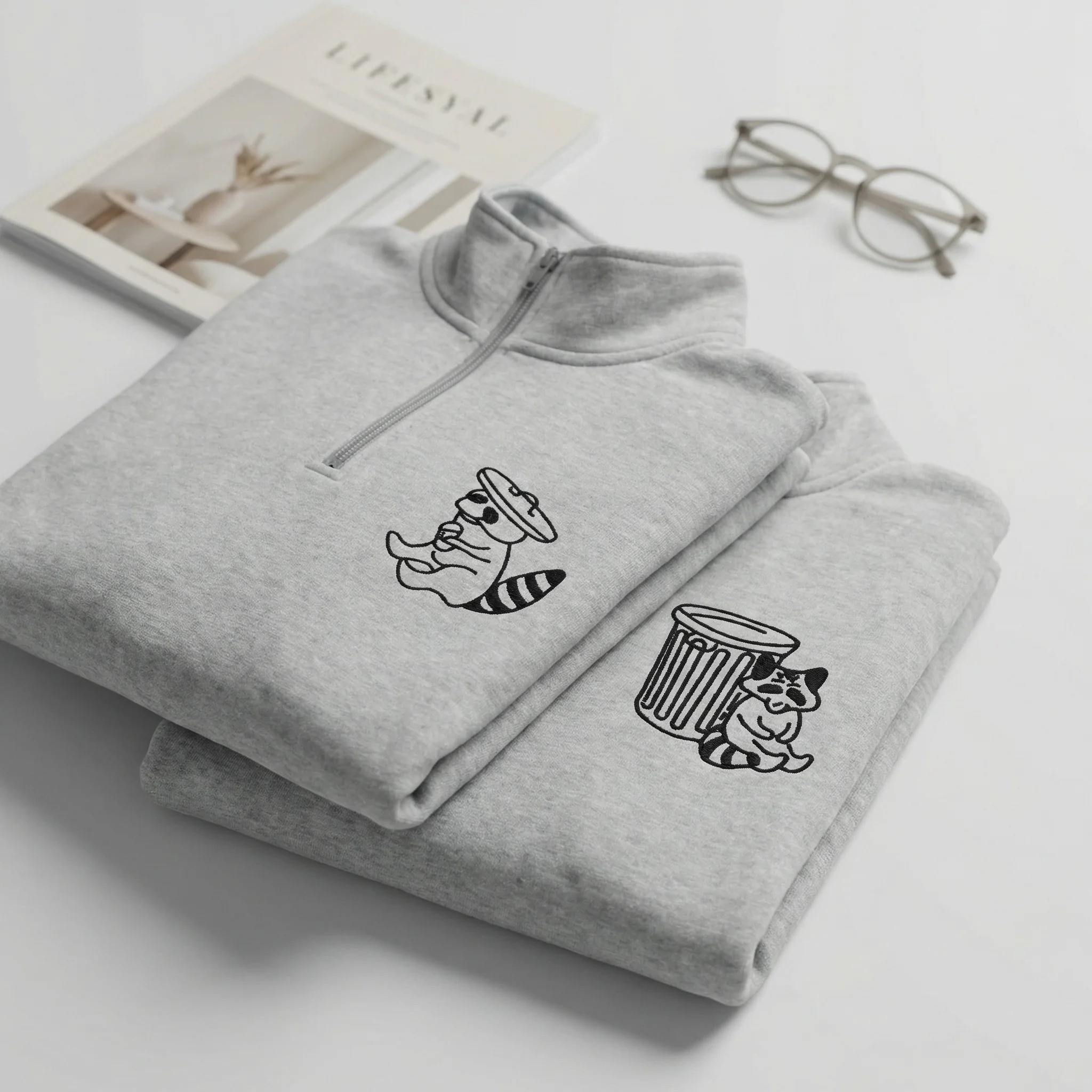 Custom Embroidered Trash Pandas Matching Quarter Zip Sweatshirts & Full-Zip Hoodie for Couples - Image 6