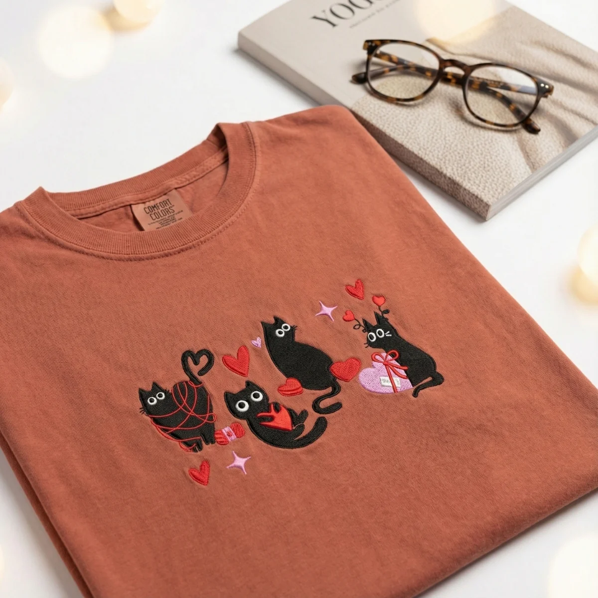 Custom Embroidered Valentine Cat Lover T-shirt- Heart Love Cat Gift - Image 3