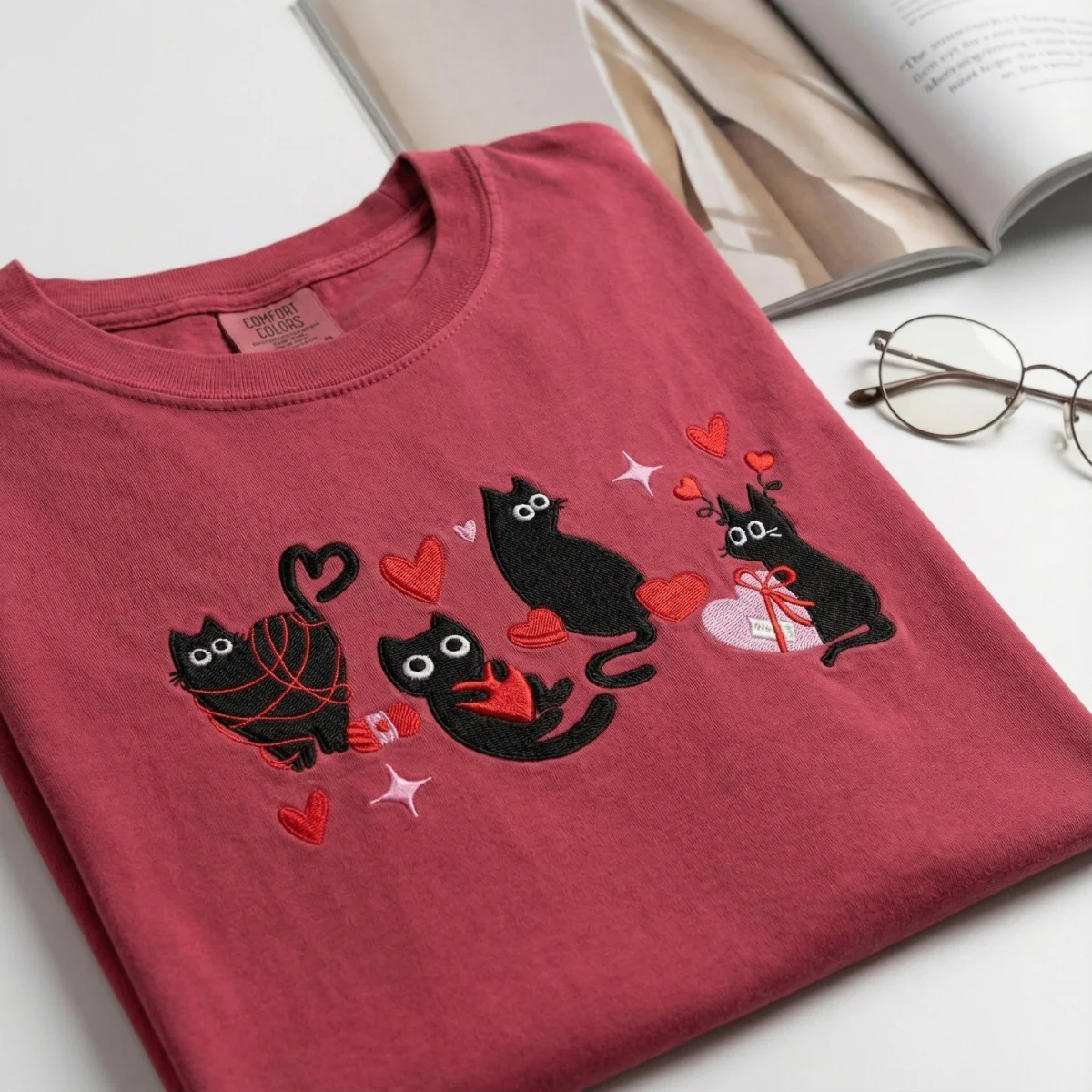 Custom Embroidered Valentine Cat Lover T-shirt- Heart Love Cat Gift - Image 4