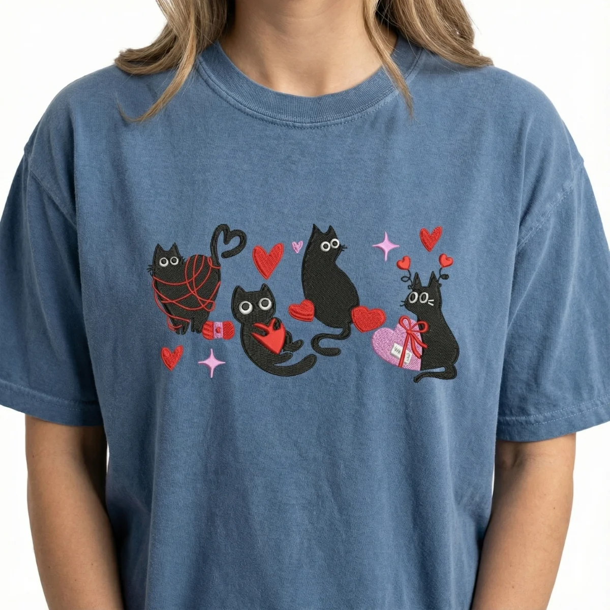 Custom Embroidered Valentine Cat Lover T-shirt- Heart Love Cat Gift - Image 5
