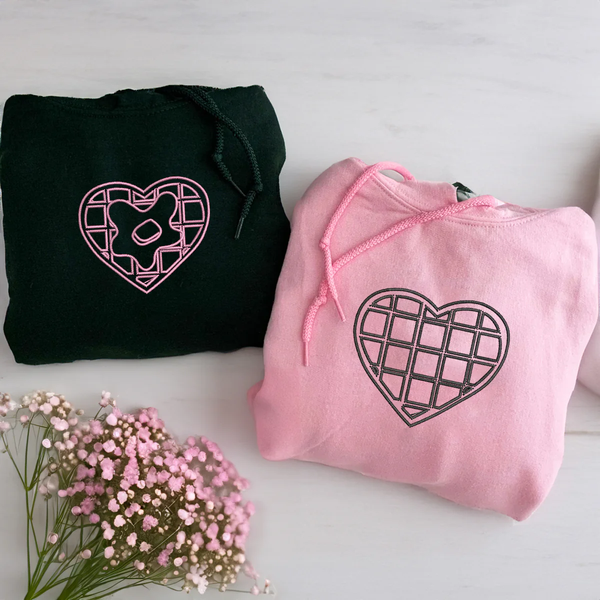 Custom Embroidered Waffle Hearts Matching Hoodies for Couples - Image 3