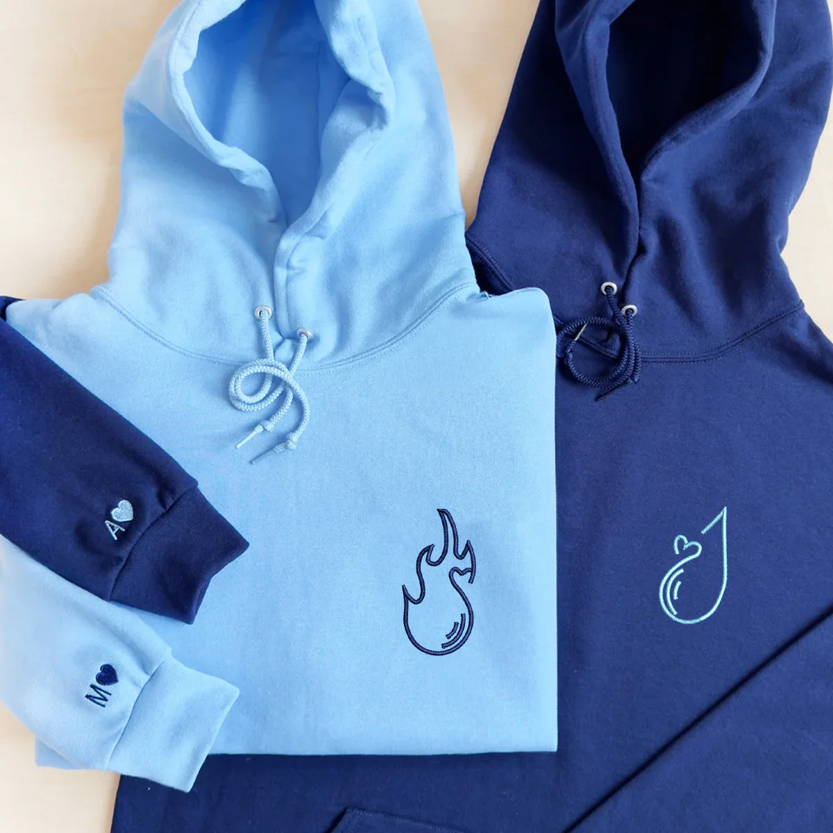 Custom Embroidered Water and Fire Matching Hoodies for Couples - Image 2