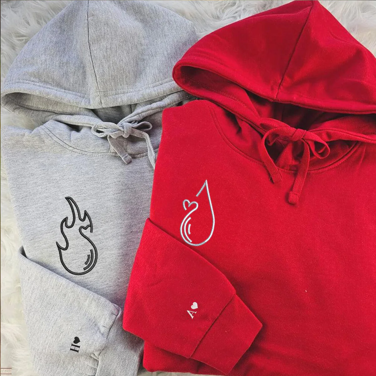 Custom Embroidered Water and Fire Matching Hoodies for Couples - Image 3