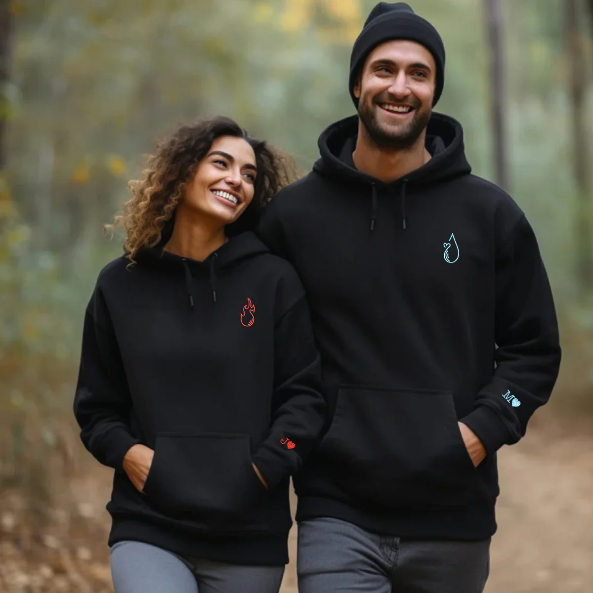 Custom Embroidered Water and Fire Matching Hoodies for Couples - Image 7