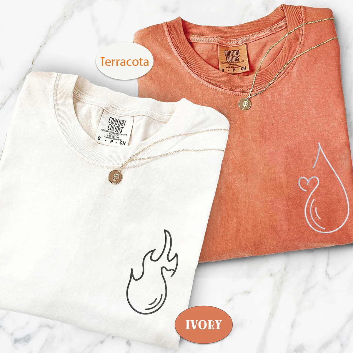 Custom Embroidered Water and Fire Matching T-shirts for Couples - Image 4