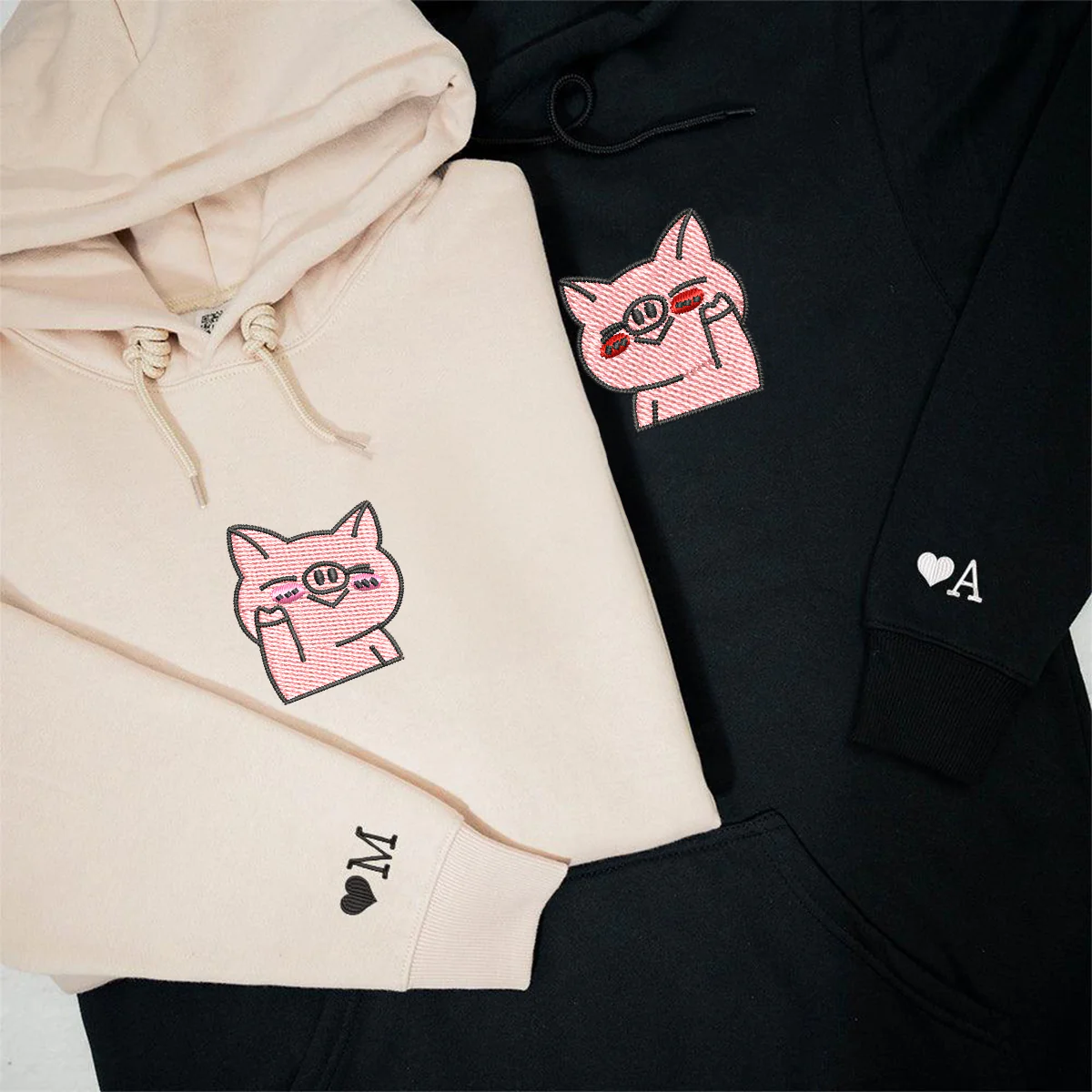 Custom Embroidered Waving Pigs Matching Hoodies for Couples - Image 2