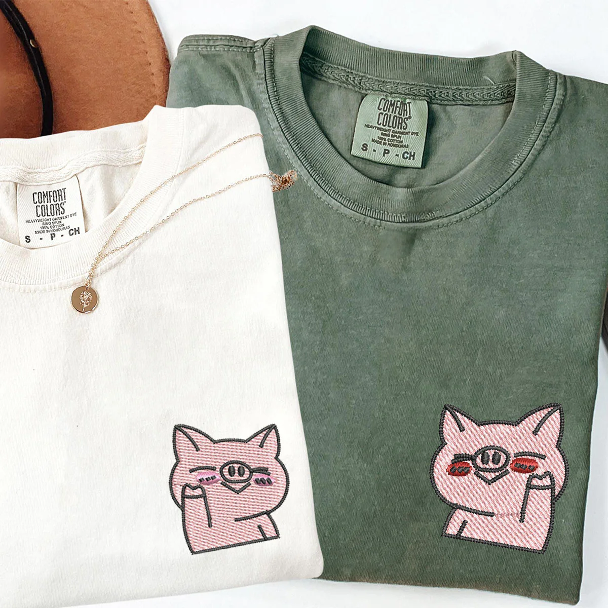 Custom Embroidered Waving Pigs Matching T-shirts for Couples