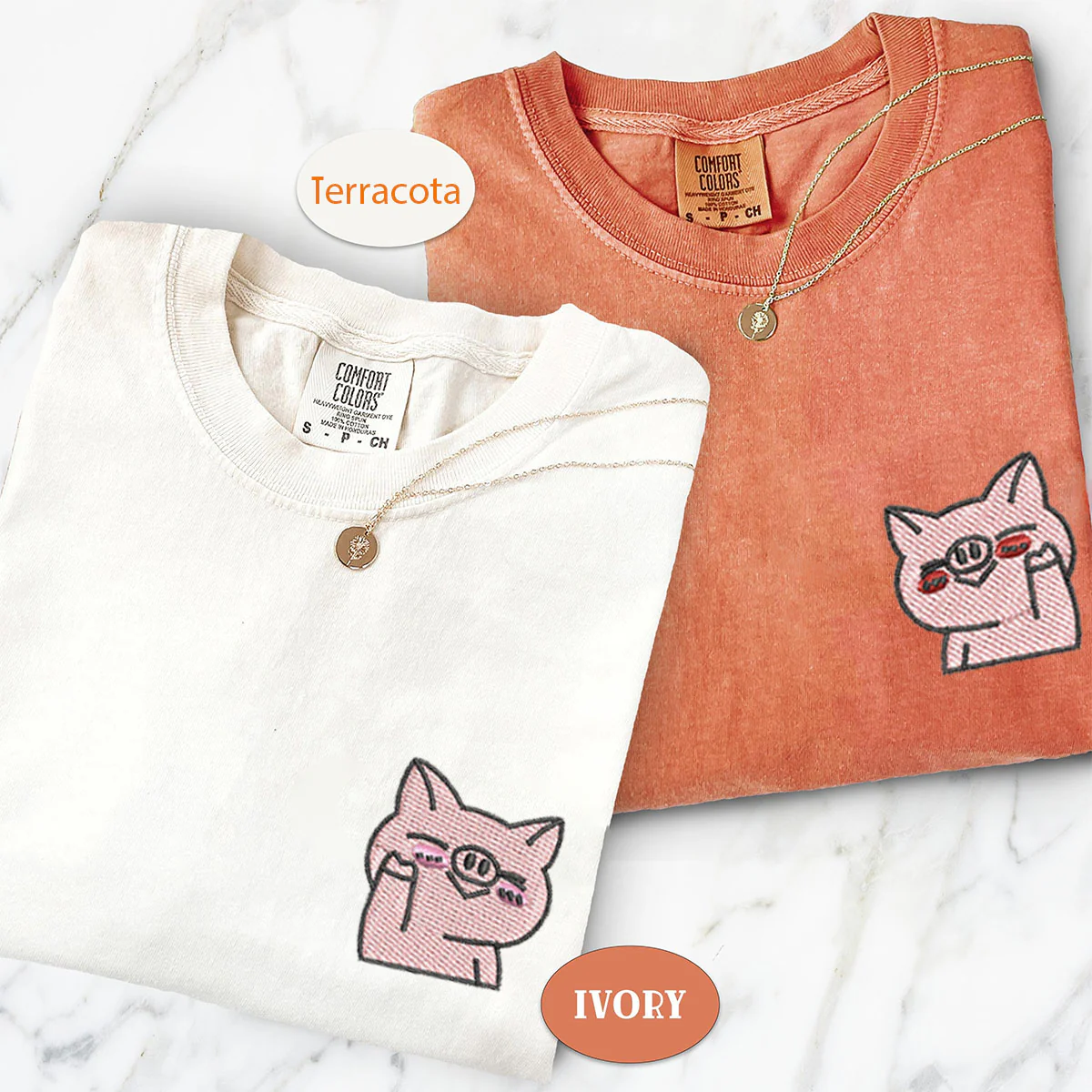 Custom Embroidered Waving Pigs Matching T-shirts for Couples - Image 2