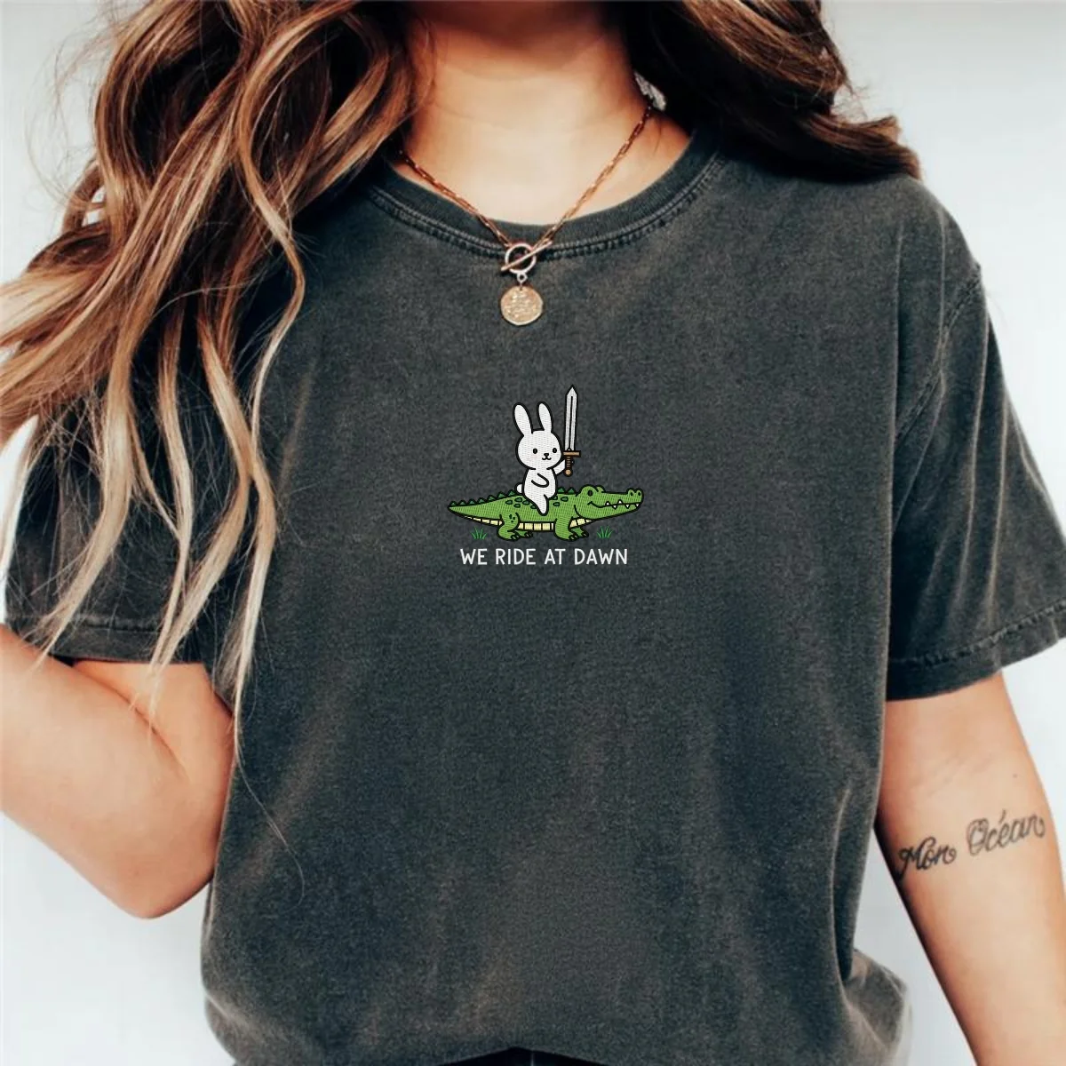 Custom Embroidered We Ride at Dawn T-Shirt | Funny Bunny & Alligator Tee – DnD Adventure - Image 6