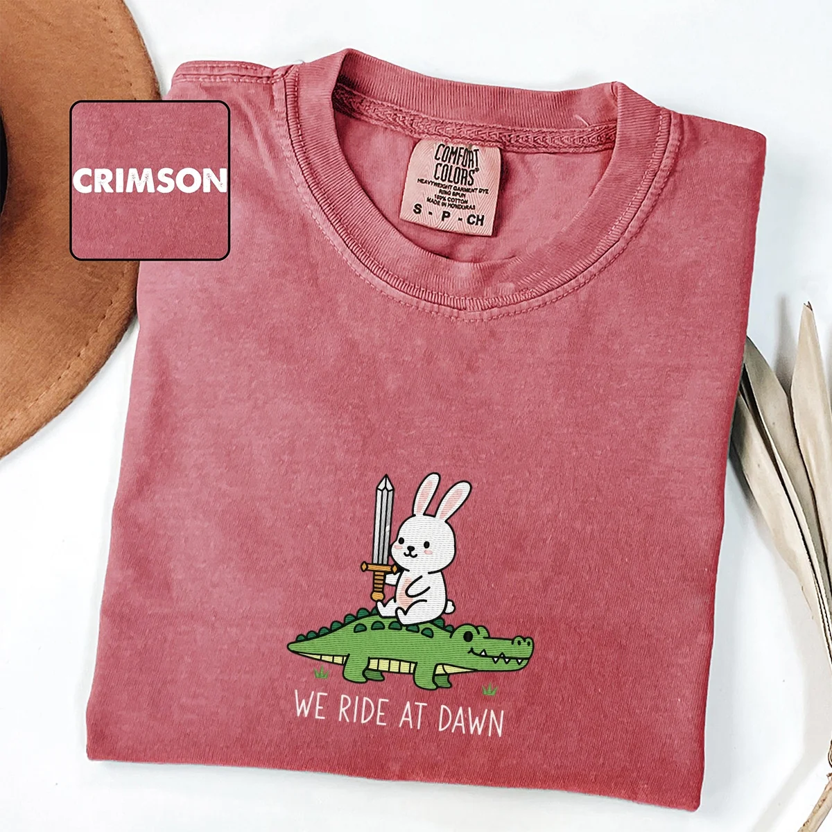 Custom Embroidered We Ride at Dawn T-Shirt | Funny Bunny & Alligator Tee –  Renaissance Faire Gift - Image 2