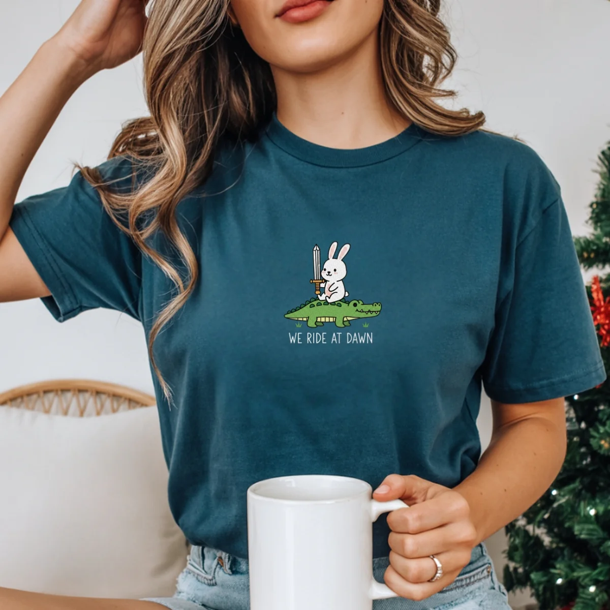 Custom Embroidered We Ride at Dawn T-Shirt | Funny Bunny & Alligator Tee –  Renaissance Faire Gift - Image 6