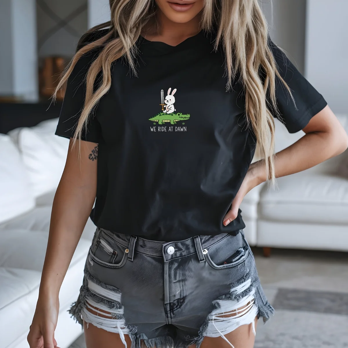 Custom Embroidered We Ride at Dawn T-Shirt | Funny Bunny & Alligator Tee –  Renaissance Faire Gift - Image 8