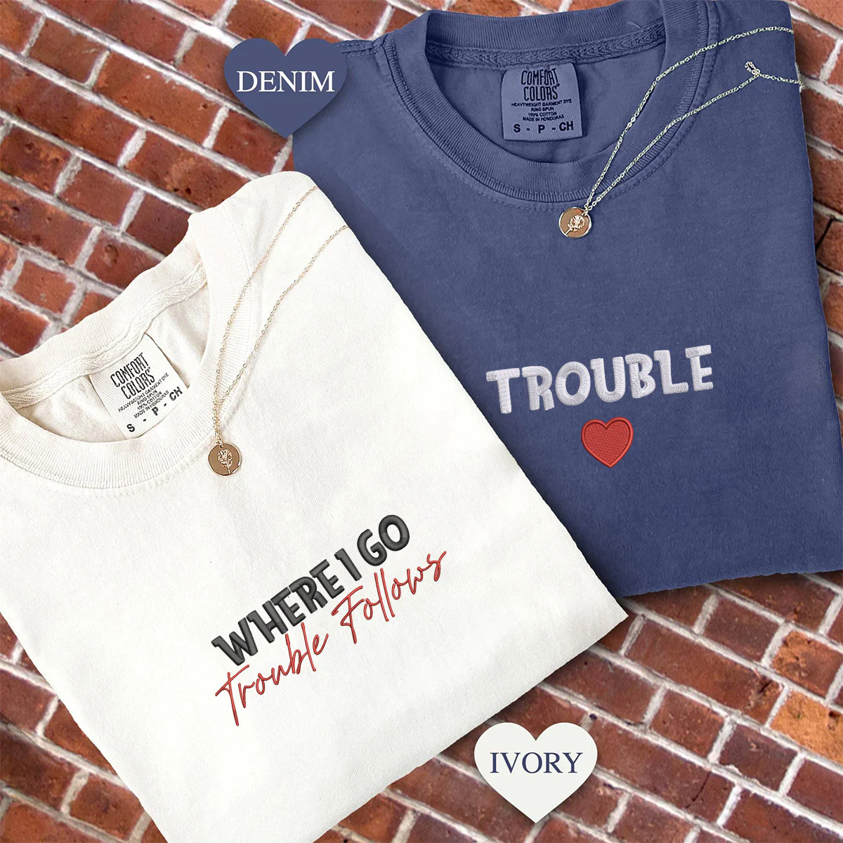 Custom Embroidered Where I Go Trouble Follows Matching T-shirts for Couples - Image 3