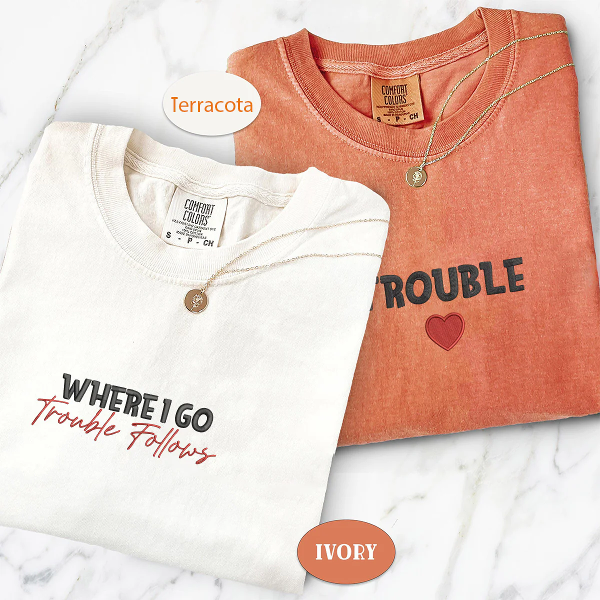 Custom Embroidered Where I Go Trouble Follows Matching T-shirts for Couples - Image 4