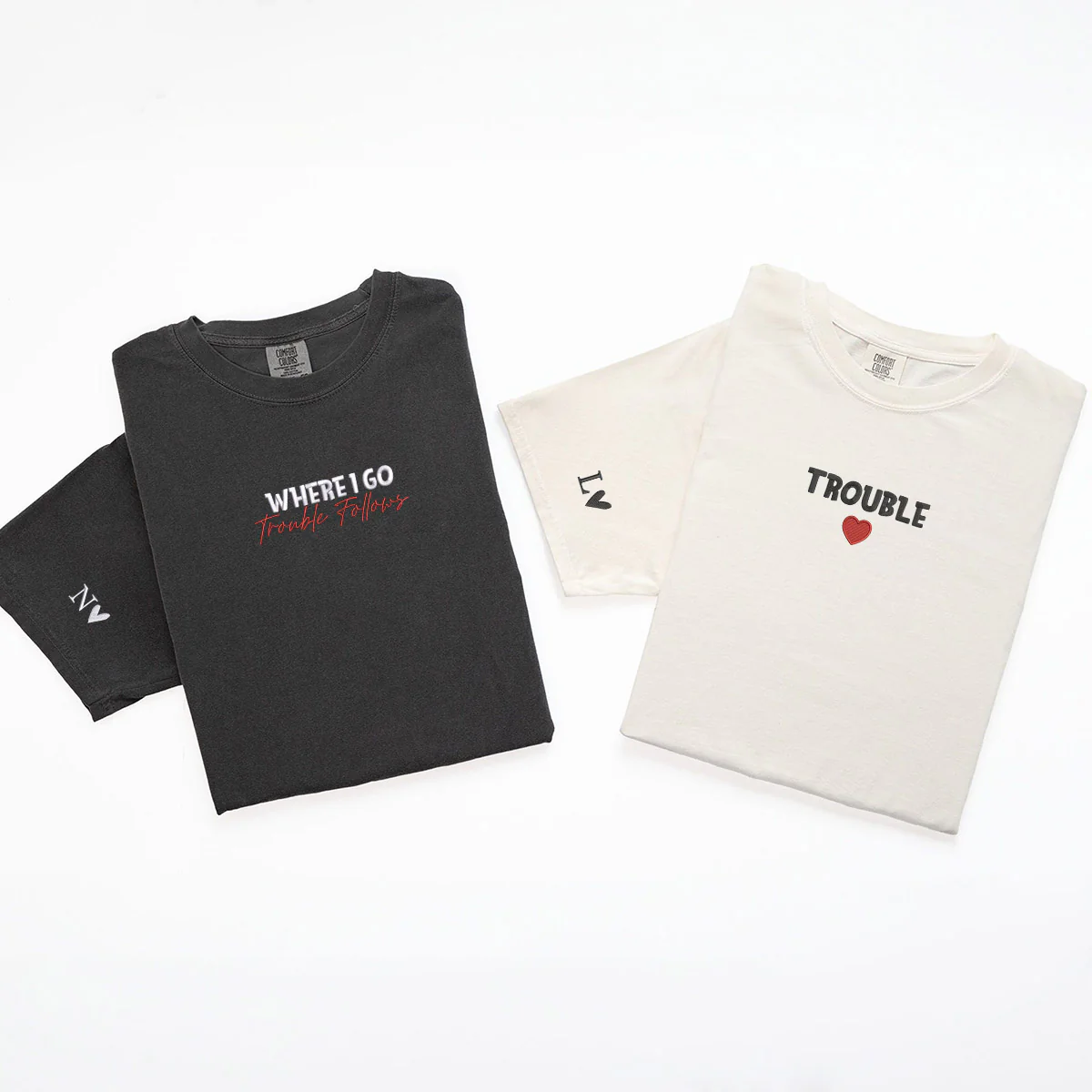 Custom Embroidered Where I Go Trouble Follows Matching T-shirts for Couples - Image 5