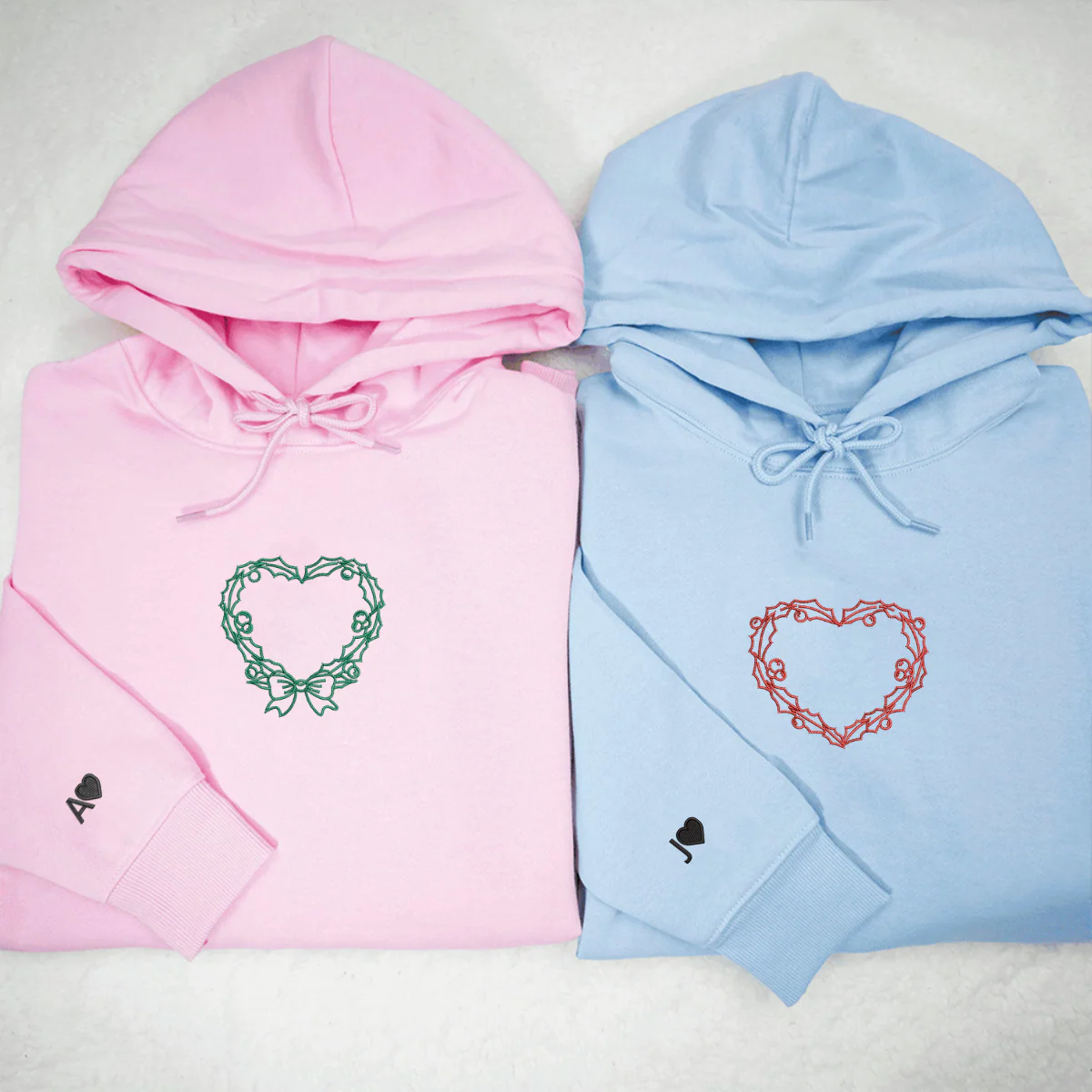 Custom Embroidered Wreath Hearts Matching Hoodies for Couples - Image 2