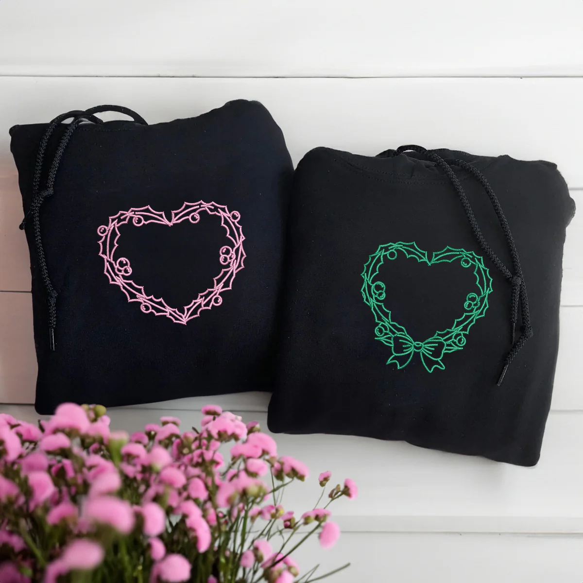 Custom Embroidered Wreath Hearts Matching Hoodies for Couples - Image 3