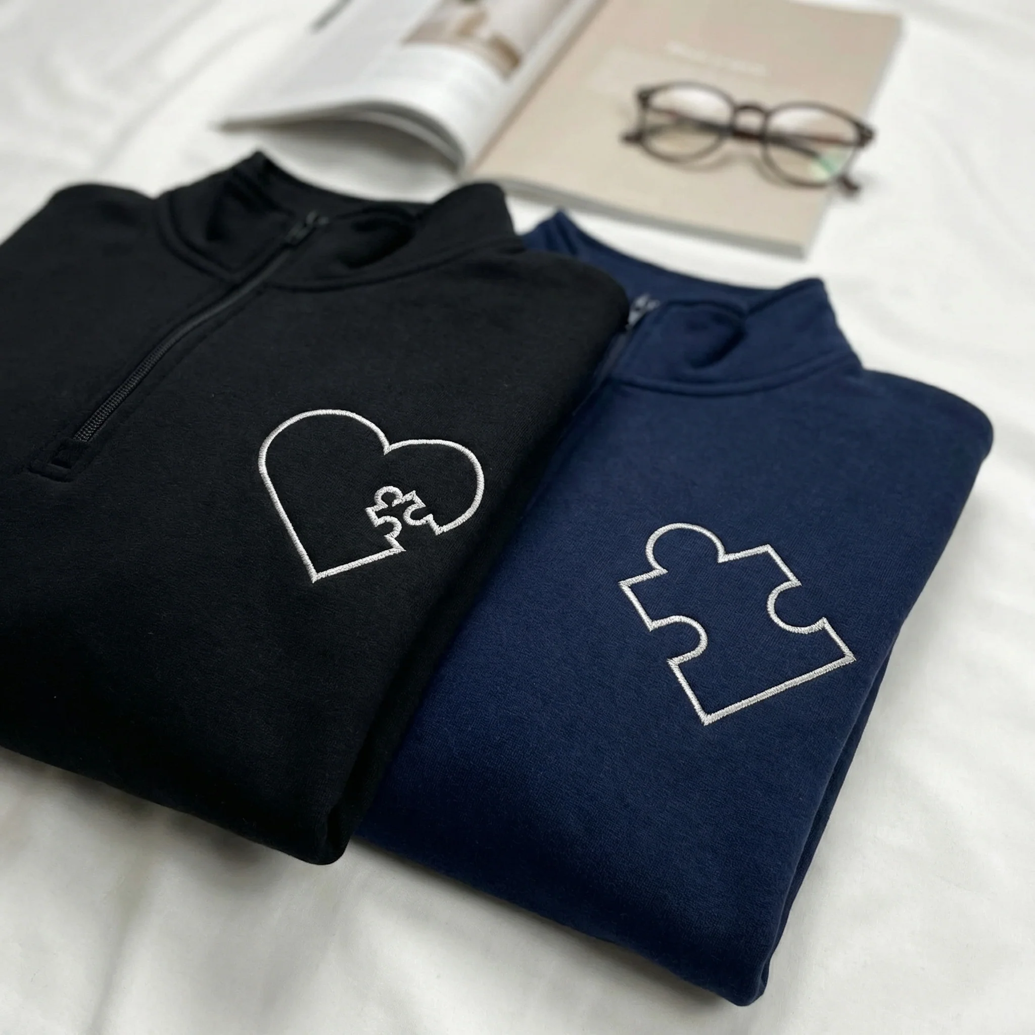 Custom Embroidered You Complete Me Heart Puzzle Matching Quarter Zip Sweatshirts & Full-Zip Hoodie for Couples