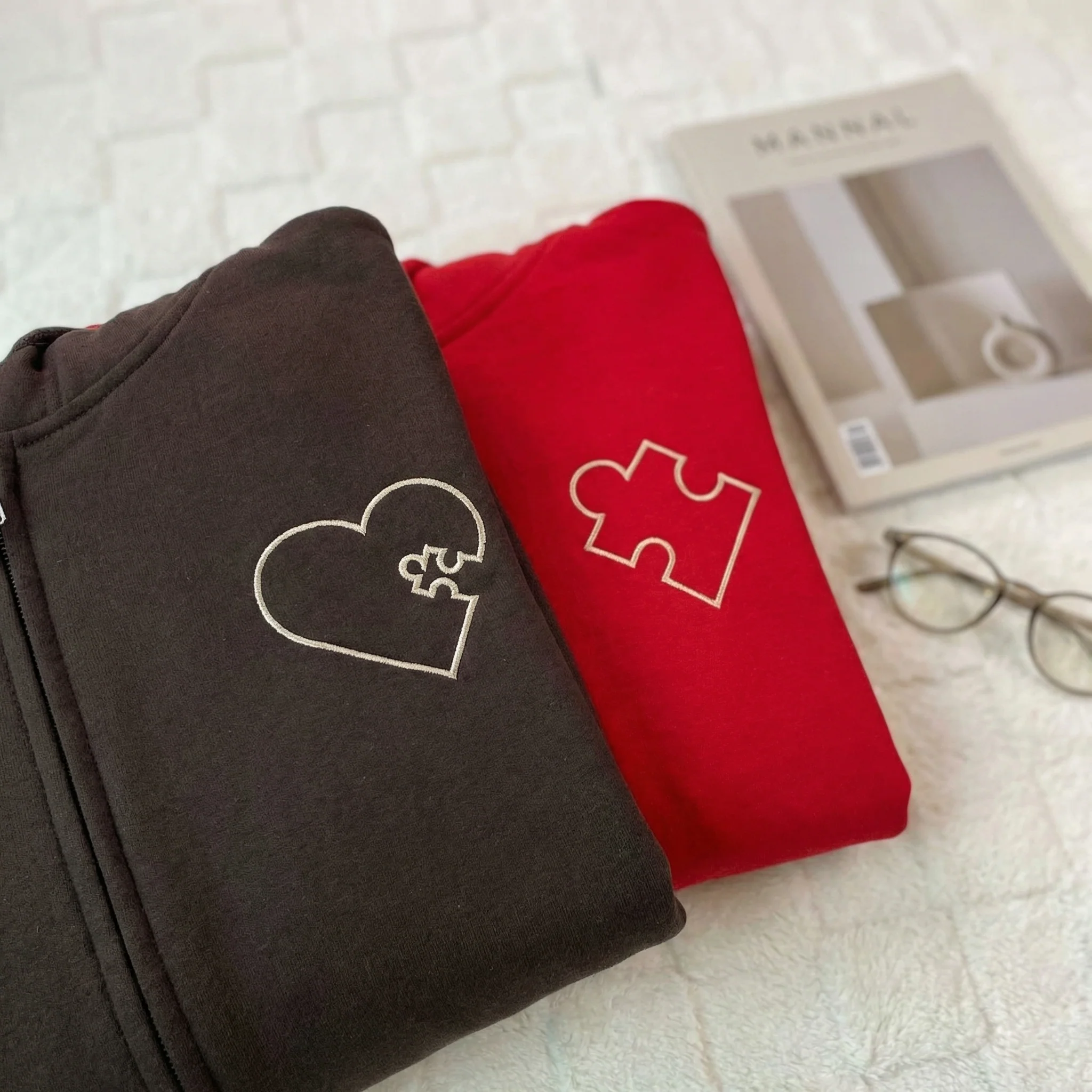 Custom Embroidered You Complete Me Heart Puzzle Matching Quarter Zip Sweatshirts & Full-Zip Hoodie for Couples - Image 2