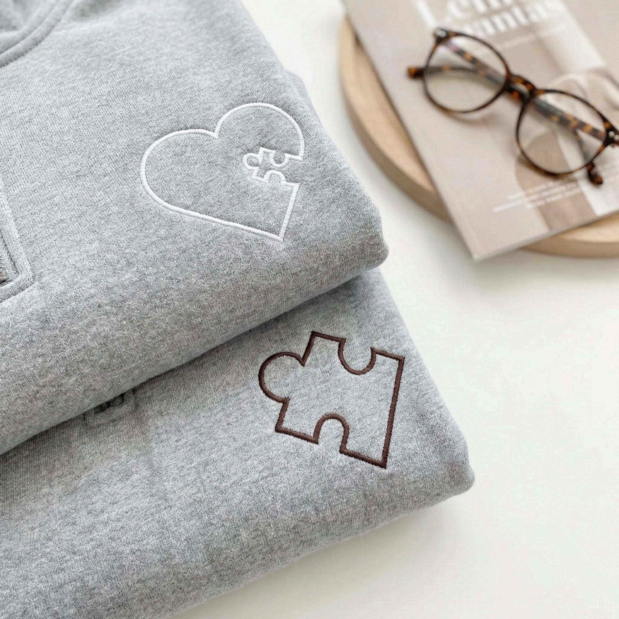Custom Embroidered You Complete Me Heart Puzzle Matching Quarter Zip Sweatshirts & Full-Zip Hoodie for Couples - Image 3