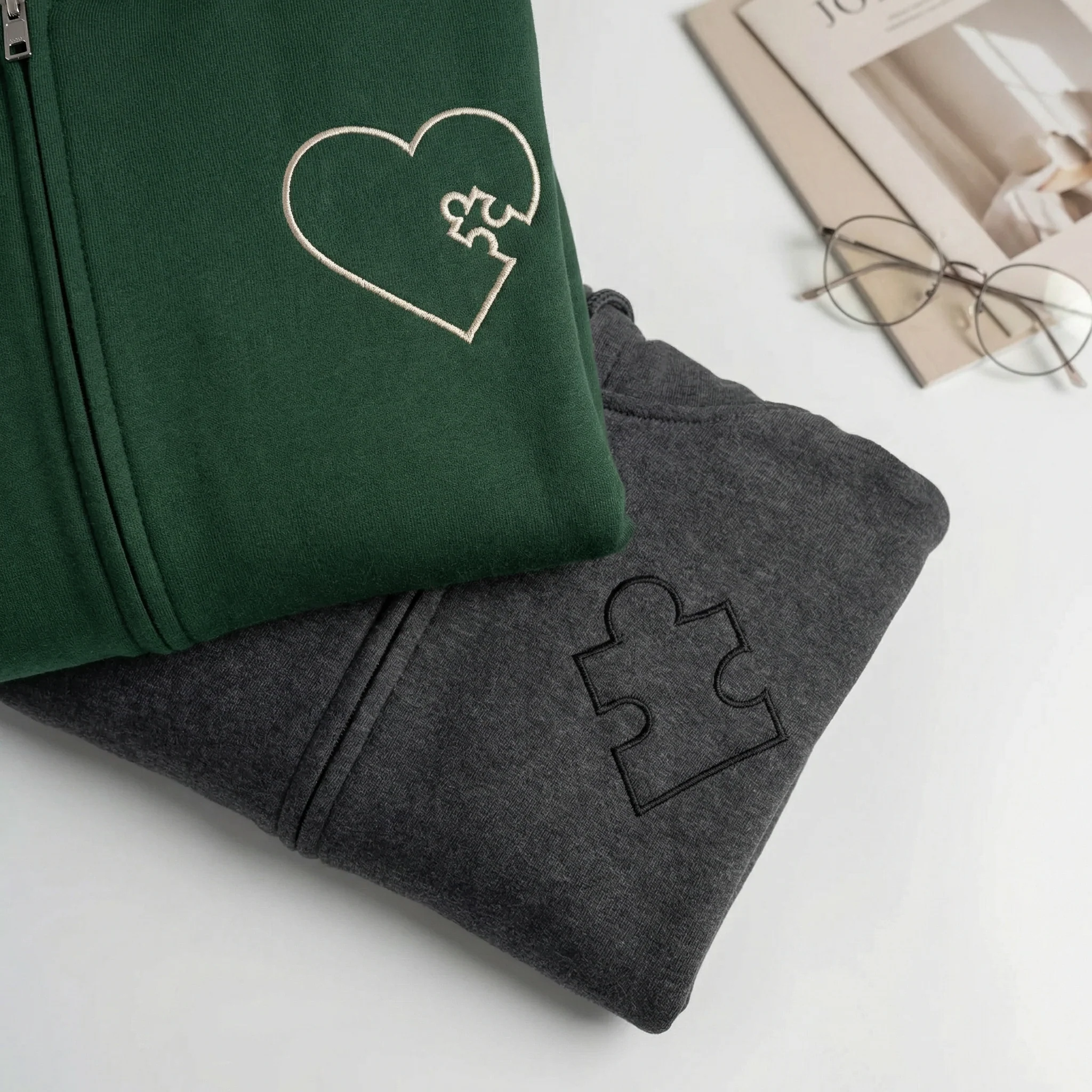 Custom Embroidered You Complete Me Heart Puzzle Matching Quarter Zip Sweatshirts & Full-Zip Hoodie for Couples - Image 4