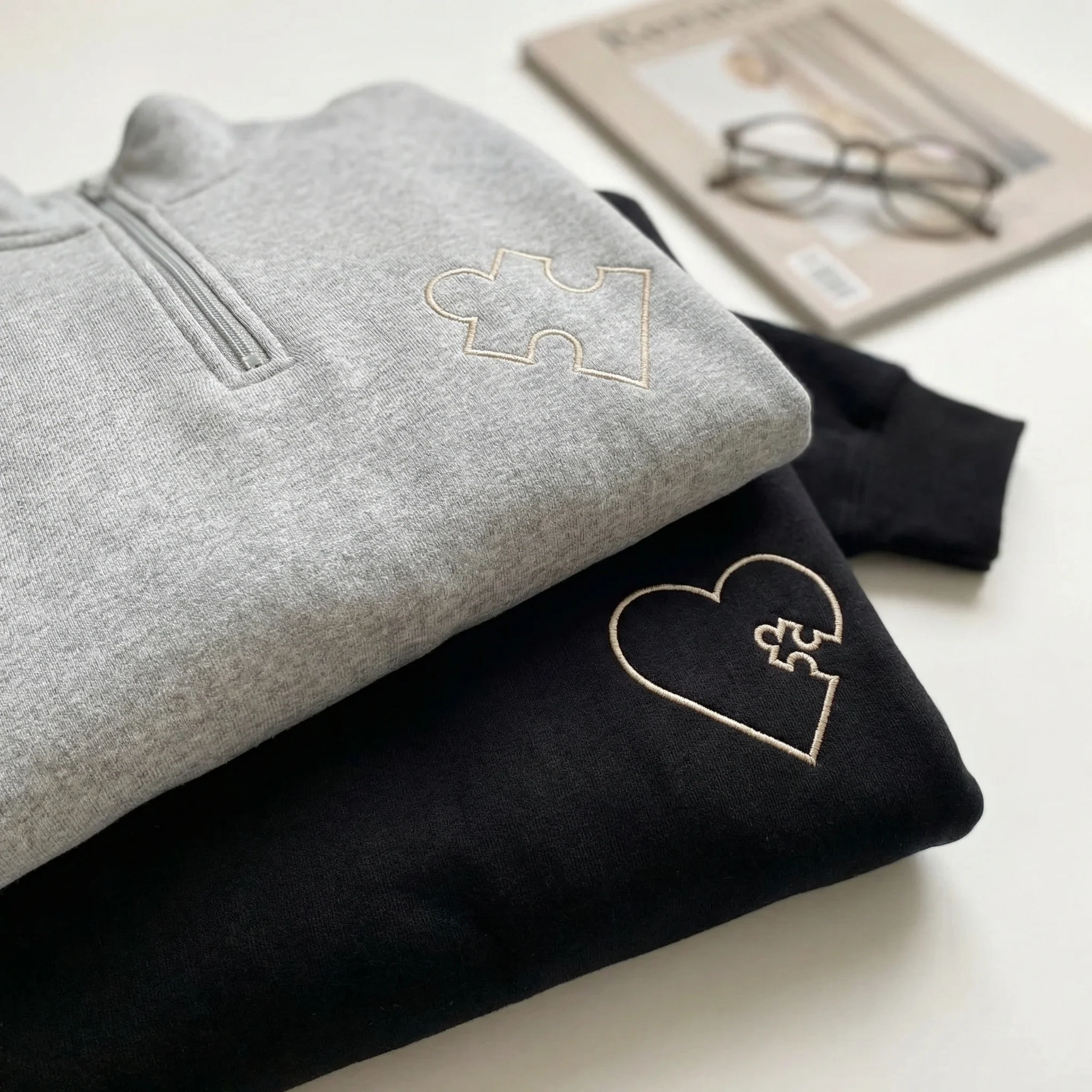Custom Embroidered You Complete Me Heart Puzzle Matching Quarter Zip Sweatshirts & Full-Zip Hoodie for Couples - Image 5