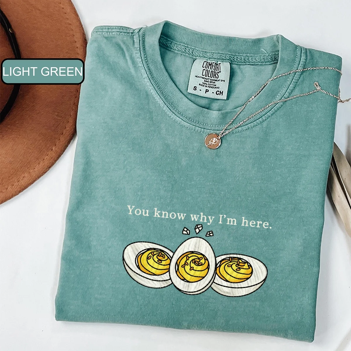 Custom Embroidered You Know Why I’m Here Deviled Egg T-Shirt | Funny Thanksgiving Tee – Food Lover Holiday Gift - Image 4