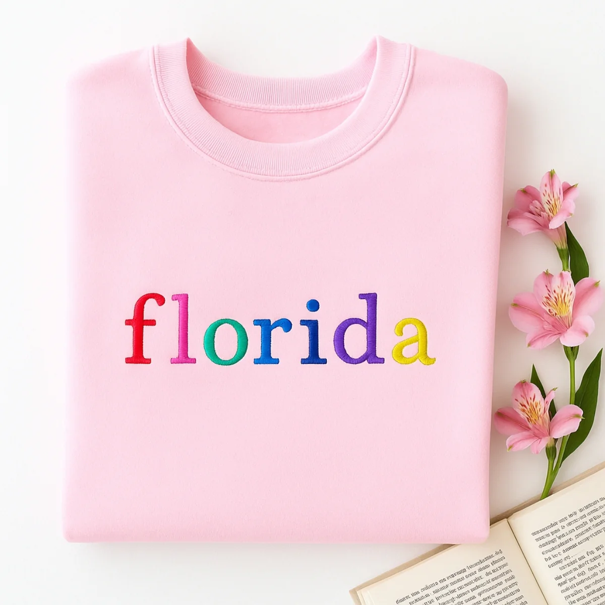 Custom Florida State Sweatshirt - Rainbow Embroidered Letters - Sunshine State Pride Gift - Image 6