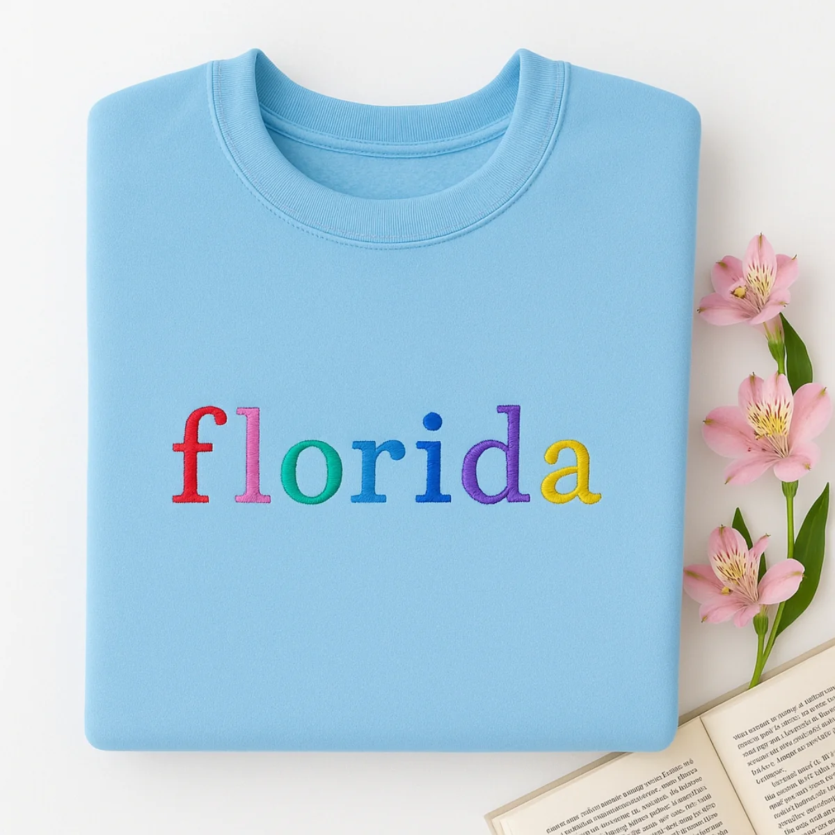 Custom Florida State Sweatshirt - Rainbow Embroidered Letters - Sunshine State Pride Gift - Image 7