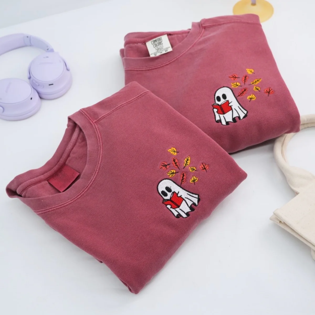 Custom Ghost Reading Book Sweatshirts - Bookish Halloween Embroidered Apparel - Perfect Book Lover Gift - Image 2
