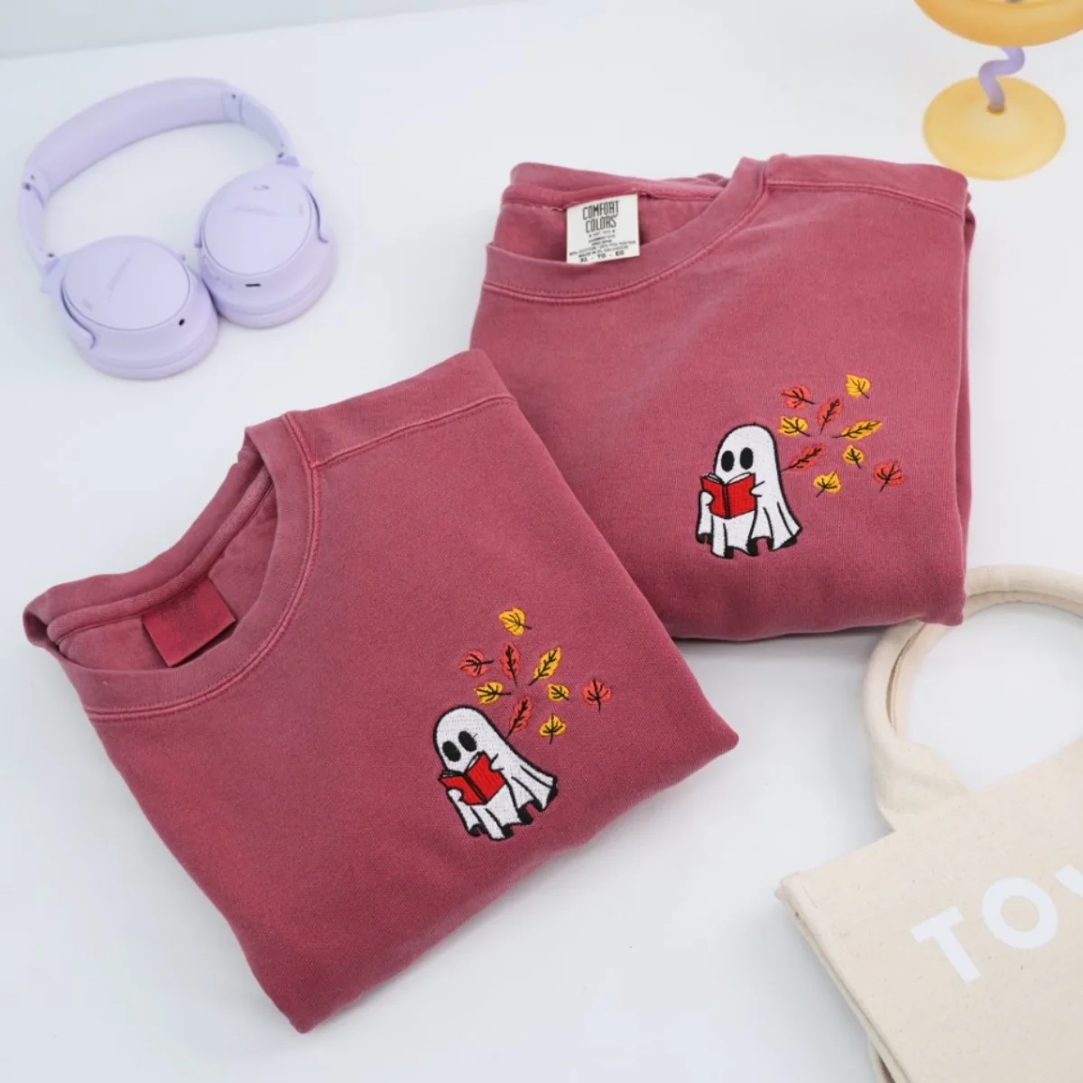 Custom Ghost Reading Book Sweatshirts - Bookish Halloween Embroidered Apparel - Perfect Book Lover Gift - Image 3
