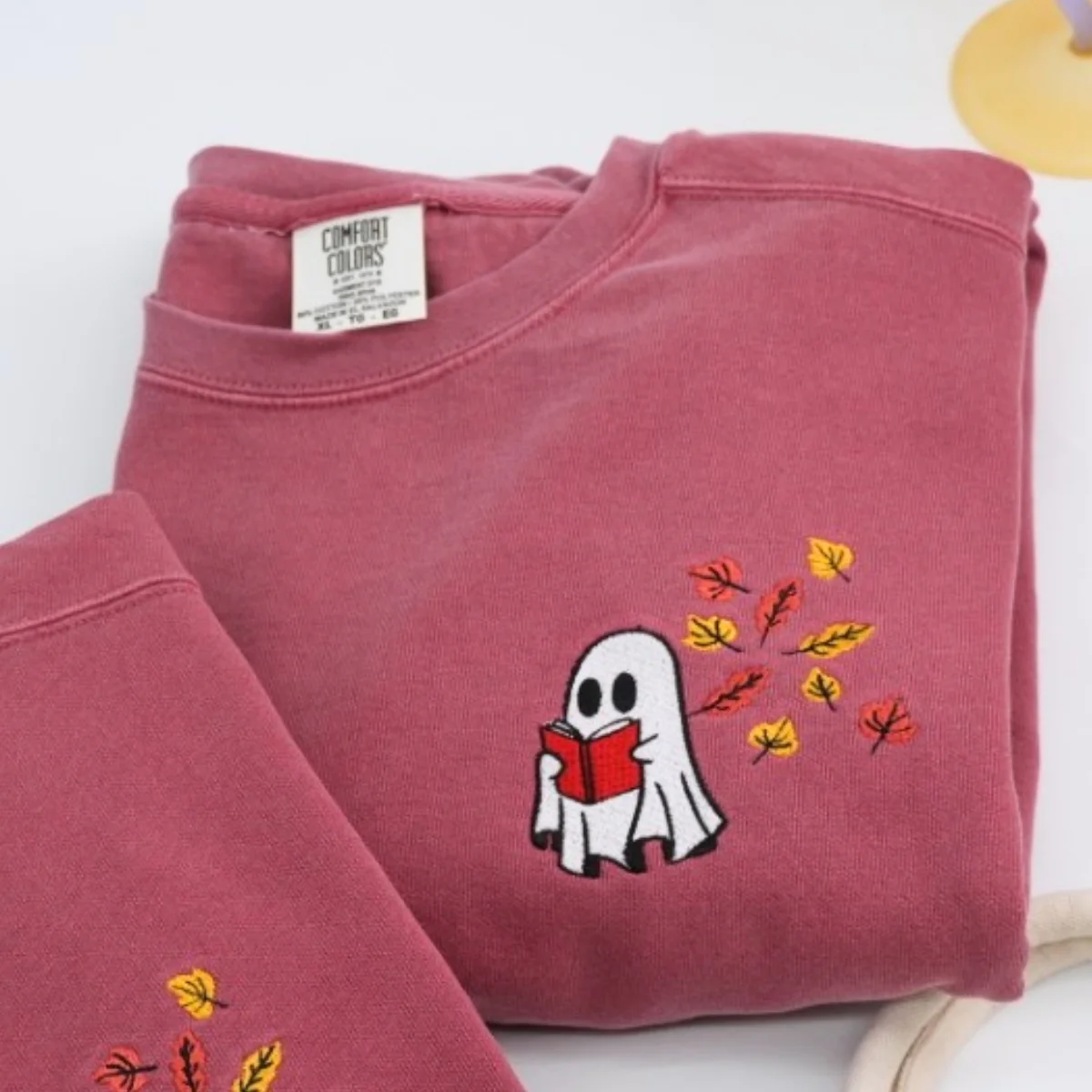 Custom Ghost Reading Book Sweatshirts - Bookish Halloween Embroidered Apparel - Perfect Book Lover Gift - Image 4