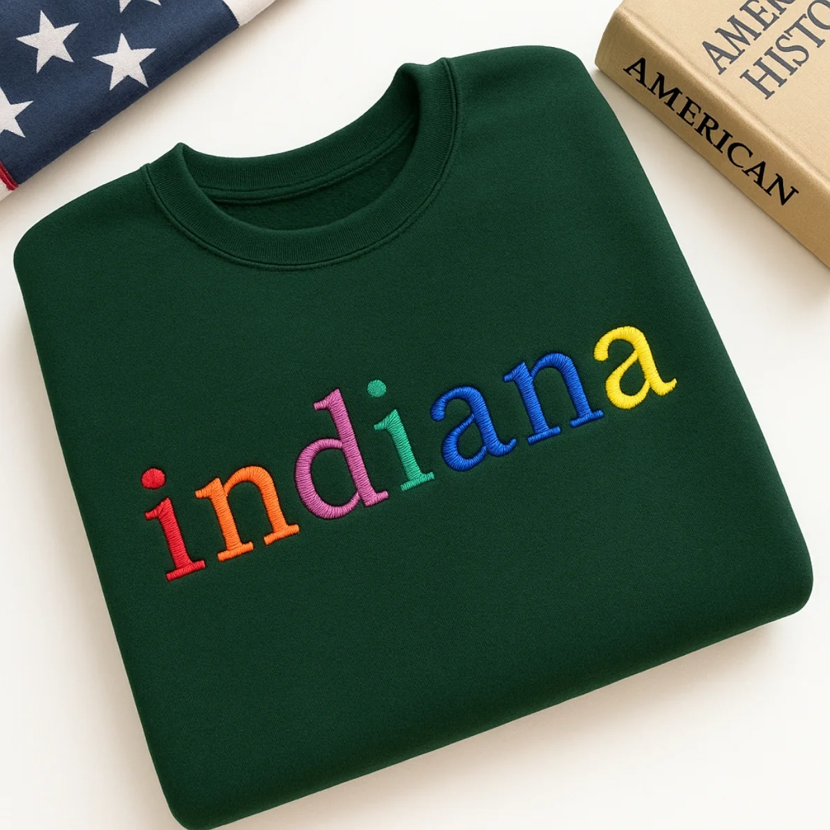 Custom Indiana State Sweatshirt - Rainbow Embroidered Letters - Hoosier State Pride Gift - Image 3
