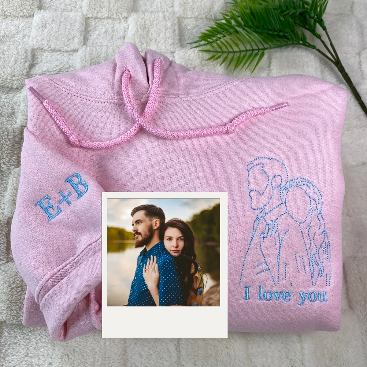 Custom Line Art Couple Hoodies - Personalized Portrait Embroidery with Initials - Romantic Anniversary Gift - Image 2