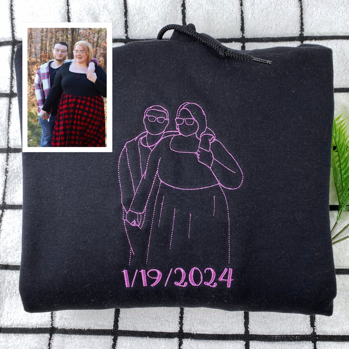 Custom Line Art Couple Hoodies - Personalized Portrait Embroidery with Initials - Romantic Anniversary Gift - Image 4