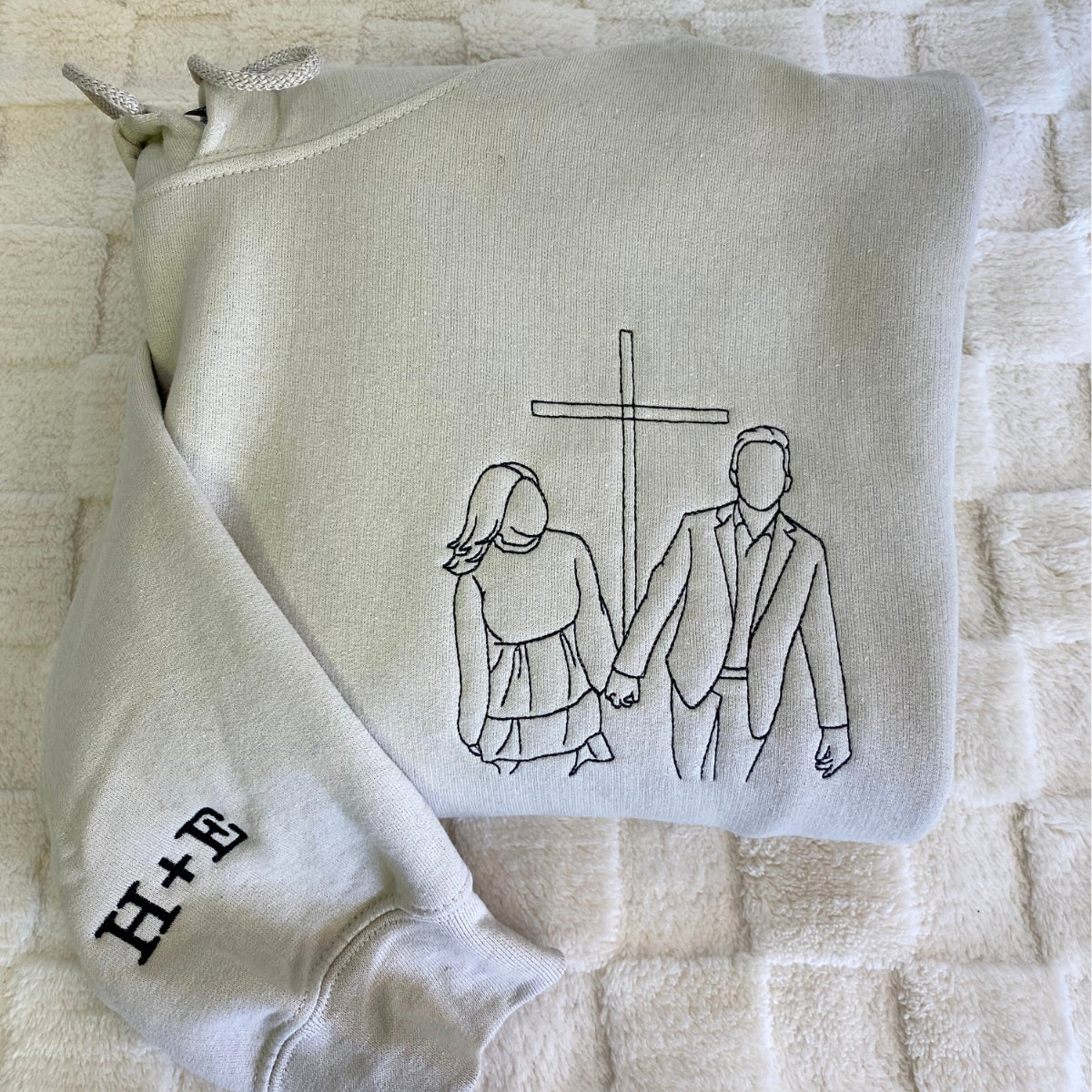 Custom Line Art Couple Hoodies - Personalized Portrait Embroidery with Initials - Romantic Anniversary Gift - Image 5