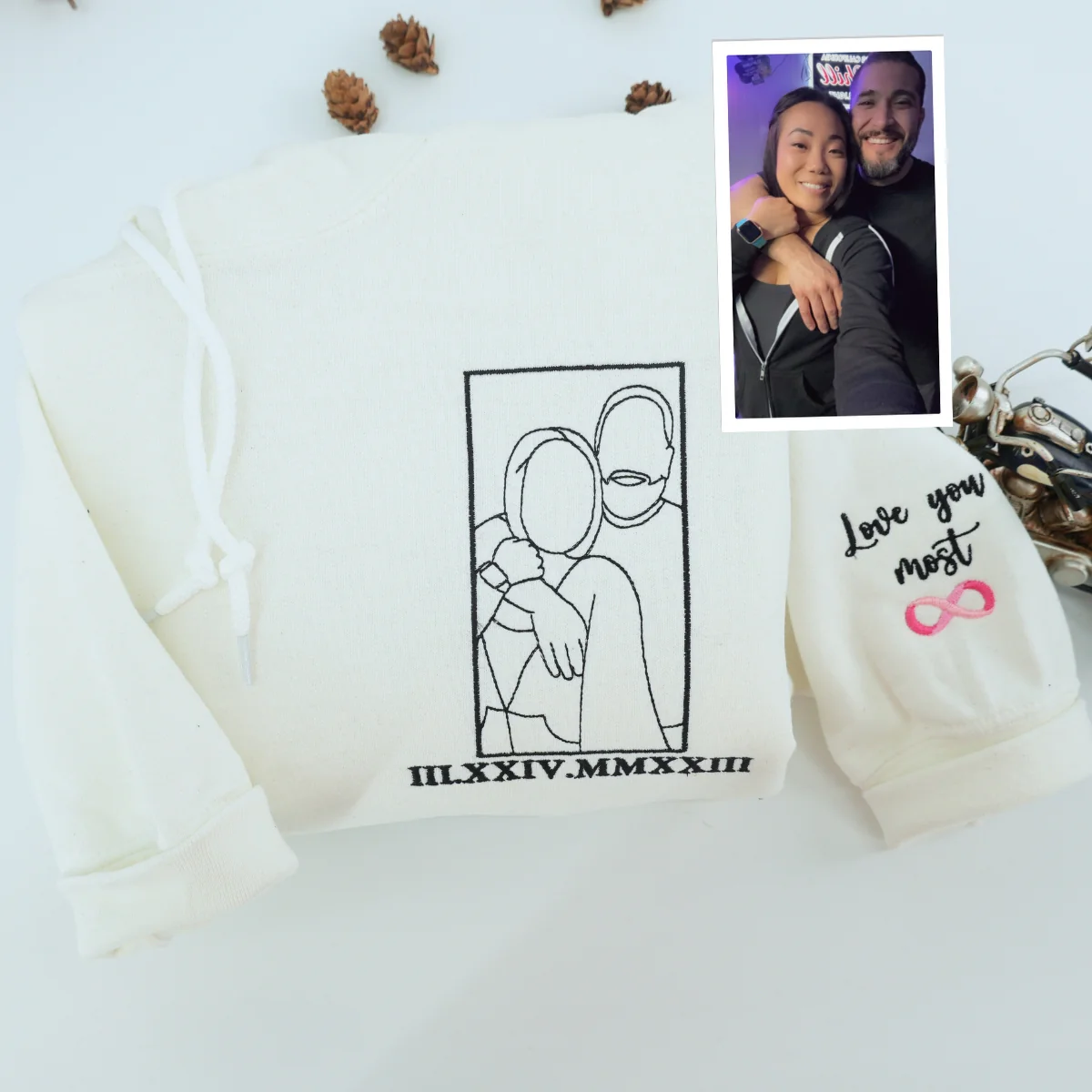 Custom Line Art Wedding Portrait Sweatshirt – Personalized Embroidered Bride & Groom with Date and Initials – Minimalist Wedding Gift for Couples or Anniversary - Image 3