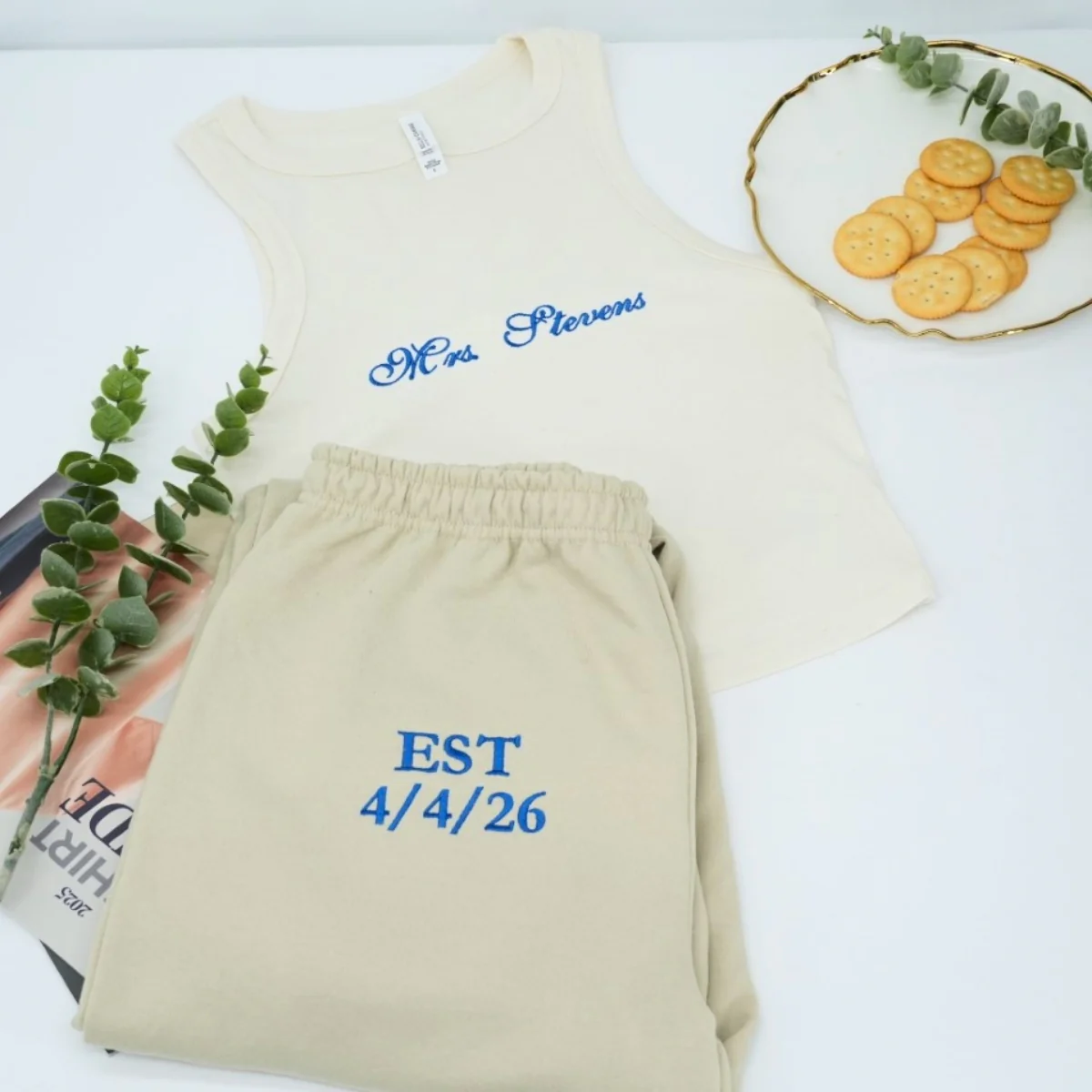 Custom Mr Mrs Tank Top & Jogger Set - Matching Anniversary Embroidered Couples Apparel - EST Date Gift - Image 5