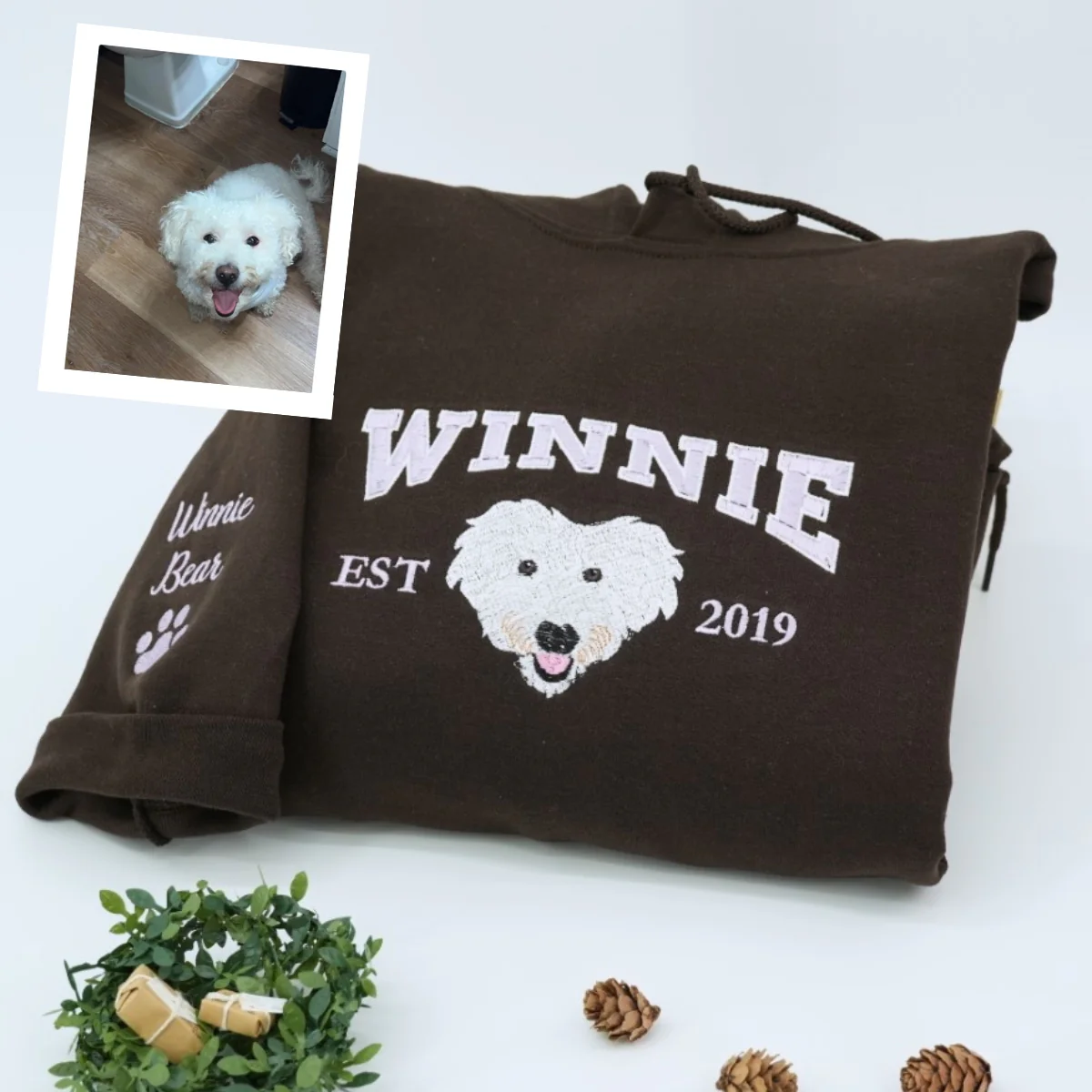Custom Pet Portrait Hoodies - Dog Name Varsity Style Embroidered Sweatshirts - Dog Lover Gift